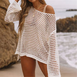 Long Sleeve Hollow Out Top Crochet Knitted Tunic Beach Cover Up Cover-ups Beach Dress Beach Wear Beachwear Female Women V4250