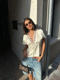 Ahagaga Causal Women Tops Solid Lace -Neck Short Sleeves Satin Slim Button Regular Eelgant Streetwear Tees Female Basic T Shirts