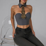 Phantasy Sexy Shirt Collar Leopard Print Necktie Tank Top Women Hotsweet Solid Color Crop Top Lady Fashion Night club Camisole
