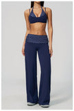 Fake Two-piece Sports Bra Yoga Sets Women Coffee Striped Patchwork Folding High Waist Wide Leg Pants Gym Running Fitness Suits