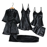 5 Pcs/Set Silky Satin Women Pajamas Set Nightgown Nightdress Top Shorts Pants Set Lace Patchwork Loose Thin Women Sleepwear