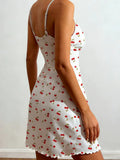 Women Cherry Print Camisole Nightgown, Summer Sleeveless Sleep Dress with Bow Front, Adjustable Straps, Ruffle Hem Home