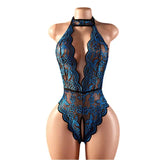 Summer Women Red Crotchless Lingerie Halter Lace Hollow Backless Bodysuit Erotic Costumes Transparent Deep V Sexy Underwear Sets