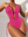 Sexy Halter V Neck Wrinkled Female Swimwear One Piece Swimsuit Women Backless Monokini High Leg Cut Bathing Suit Swim Beach Wear