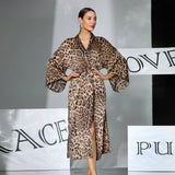 Sexy Leopard Print Satin Long Robe Women Flare Sleeve Tie Waist High Slit Loungewear Outerwear