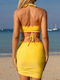 with Mesh Skirt 3D Flowers Halter Bandeau Bikini Female Swimsuit Women Swimwear Three-pieces Bikini Set Bathing Suit Beachwear