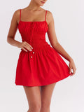 Cotton Summer Red Short Dress Women Strapless Beach Mini Dress Casual Ruffles Spaghetti Strap Boho Party Sleeveless Dress
