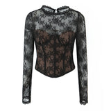 Pure Desire Sexy Sheer Crochet Lace Base Shirt Waist-Tightening Top T-Shirt For Woman Transparent Mesh Casual T-Shirt Charm ADSE