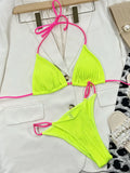 Neon Halter Ribbed Bikini Female Swimsuit Women Swimwear Two-pieces Bikini Set Padded Bather Bathing Suit Swim Lady Beachwear