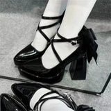 Big Size 42 Black Gothic Cross-strap High Heels Pumps Lolita Bow Tie Chunky Heels Platform Heeled Mary Jane Goth Shoes Women