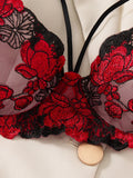 Red satin rose embroidery lingerie set - Sophisticated vintage-style French net semi-cup bra set of two pieces ZA824127