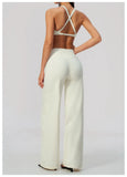 Summer 2 Piece Yoga Sets Women Tight Back Cross Sports Bra High Waist Peach Hip Wide Leg Pants Gym Running Fitness Workout Suits