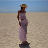 Women Pant Set Sheer Layers Spaghetti Strap Backless Lace Top Straps Solid Loose Straight Elastic Hem Fashion Beach Chic Suits