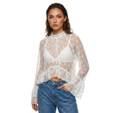 Womens Summer Sheer Shirts Flare Long Sleeve Mock Neck Lace Floral Tops Fashion Ruffled Peplum Hem Cropped T-shirts
