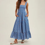 Women Summer Bohemian Floral Print Sundress Smocked Square Neck Sleeveless Backless A-line Long Tiered Ruffle Dress with Pockets