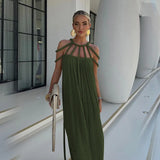 Summer Sleeveless Party Dress, Women Loungewear O-Neck Hollow Out Party Dress, Solid Color Patchwork Beach Style Ladies Dress