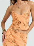 Women Backless Sequined Flower Summer Vest Beaded Halter Top Tie-up Sleeveless Camis Tops for Club Party