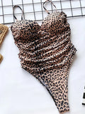 Push Up Bra Cup Leopard Scrunched Women Bandeau Swimwear One Piece Swimsuit Female Monokini High Cut Bathing Suit Swim Bodysuit