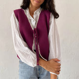 Women's Knit Waistcoat Contrast Color Trim Lacing Closure V-Neck Sleeveless Knit Sweater Vest Cardigan Outerwear