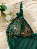 Green Floral Lace Split Sheer Mesh Babydoll Lingerie Set Slip Nightdress With Matching Thong Women Sexy Sleepwear ZA825071