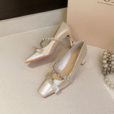 Women's High Heels Mary Janes Square Head Embellished with Water Diamonds Low Cut Knots Thick Heels Fashionable Party Shoes