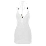 Women Backless Halter Mini Dress Casual Summer Knit Crochet Cutout Bodycon Party Dress for Beach Club Streetwear