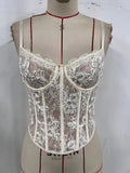 Sexy Spicy Girl Summer Tank Top Women Beige Lace Trim Steel Ring Gathering Back Cross Tie Rope Slim Fit Fishbone Corset Vest