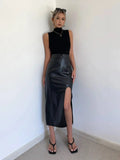 WOMENGAGA High Waist Slim Side Split PU Leather Skirt For Women Spring/Summer Irregular Split One Step Skirt Mid Length 761R