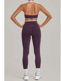 2 Pieces Color-block Yoga Sets Women  Hanging Neck Sports Bra High Waist Pants Built-in Pockets Outdoor Fitness Workout Suit
