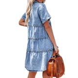 Faux Denim Button-down Mini Dress Women Summer Dress Short Sleeves A-line Lapel Patchwork Dress for Dating Commuting Party