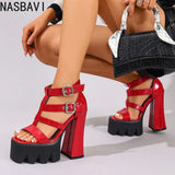 Fashion Roma Style Women Ankle Gladiator Sandals 14cm Heel Platform Buckle Straps Large Size 34- 41 42 43 Dating Shoes Summer