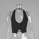 Elegant Halter Neck Backless White Tank Tops Women 2026 Summer Sexy Off Shoulder Buttons Crop Top High Street Lady Solid Vests