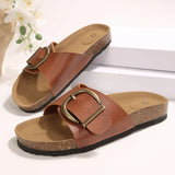 Metal Buckle Flat Heel Slippers Women 2026 Summer Platform Non Slip Beach Sandals Woman Plus Size 43 Open Toe Cork Slides Flats