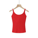 Fashion Solid Color Thin Strap Floral Chest Pad Women White Ribbed Top With Sleeveless Slim Fit Casual Summer Top Charming 3N4J