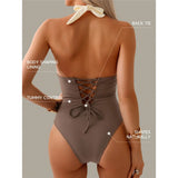 S - XL Splicing V Neck Backless Halter Women Swimwear One Piece Swimsuit Female Monokini Padded Bather Bathing Suit Swim V7559