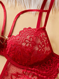 Women Lace Bodysuit Female Underwear Floral Embroidery Heart Shaped Ornament Design Bodycon