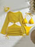 Mesh Sheer Long Sleeve Cover-Up Micro Bikini Female Swimsuit Women Swimwear Three-pieces Bikini Set Bathing Suit Swim Beach Wear