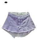 Women's Denim Skirt High Waist Pleated Patchwork Contrast Color Big Pockets Burrs A-line Mini Skirt 2026 Summer New SKIRTS 7W7E