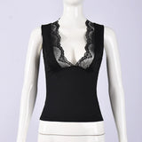 2026 Spring Summer New Arrival Elegant Sleeveless Women's Short Top Chic Fitted Lace-Panel Deep V-Neck Crop Tank Top Commute