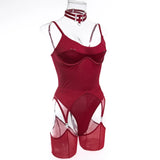Toucheart Erotic Bodysuit Sexy Hot Tight Plunge Seductive Women's Intimate Flirt Romantic Garter Four-piece Set with Stockings