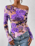 Women's Off-Shoulder Ruffled Sleeve Long-Sleeve Top with Asymmetrical Tie-Dye Mesh Asymmetrical Pleated Floral Print T-Shirt