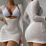 2026 Beach Skirt Swimsuit Women White Three-Piece Bikini Sexy Mesh Long Sleeve Hollow Out Bathing Suit Swimwear Summer Beachwear