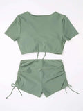Sexy Drawstring Bikini Set 2026 Women Green Black Short Sleeve Two Piece Swimsuit Summer Bathing Suit Pleate High Waist Swimwear