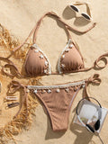 Shell Decoration Halter String Strappy Bikini Women Swimwear Female Swimsuit Two-pieces Bikini Set Ribbed Bathing Suit Swim Lady