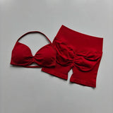 2PCS Backless Sports Bra High-Waisted Yoga Shorts Set Sexy Neck Hanging Design Abdomen Hip Lifting Fitness Outfit