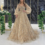 Women Evening Dress Lantern Sleeve V Neck Shiny Sequin A-line Double-layered Floor Length Mesh Cocktail Party Dress Prom Gown