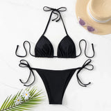 Black Sexy Bikini Split Swimsuit Set Tie-Up Neck Adjustable Straps Beachwear for Women