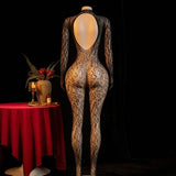 Hot Sexy Lingerie Erotic Crotchless Women Mesh Hollow Bodystockings Full Sleeve Leopard  Sling Hanging Neck Underwear Body Suits