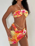 with Mesh Skirt 3D Flowers Halter Bandeau Bikini Women Swimsuit Female Swimwear Three-pieces Bikini Set Bathing Suit Beachwear