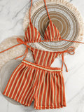 3PCS With Shorts Stripe Halter Fishnet Bikini Women Swimwear Female Swimsuit Three-pieces Bikini Set Bathing Suit Swim Beachwear